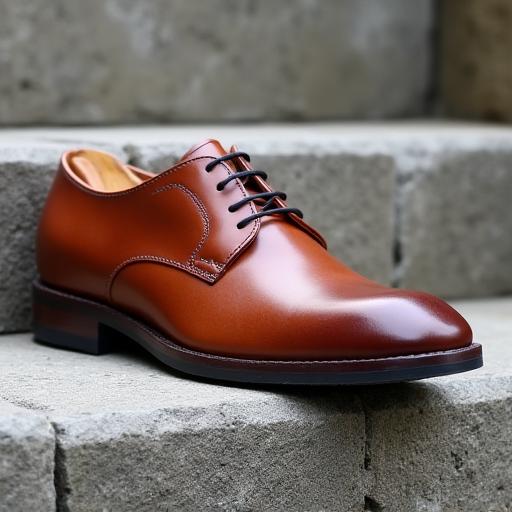A brown leather Derby shoe placed on a weathered stone step.
