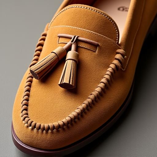 Top-down view of a suede loafer, showing the tassel and stitching detail.
