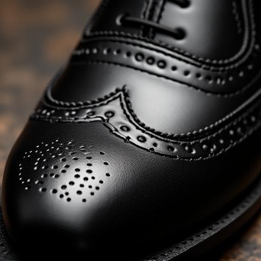 Detailed close-up of the stitching on a black leather Oxford shoe.