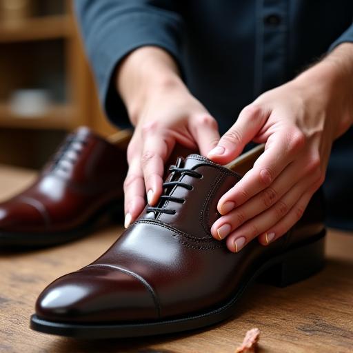 An artisan meticulously hand-polishing a finished leather shoe with a soft cloth.