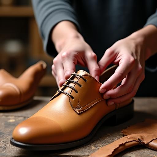 An artisan's hands carefully shaping leather over a wooden shoe last.