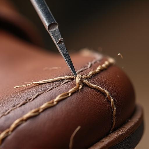 Close-up of a needle and thread performing a Goodyear welt stitch on a shoe.