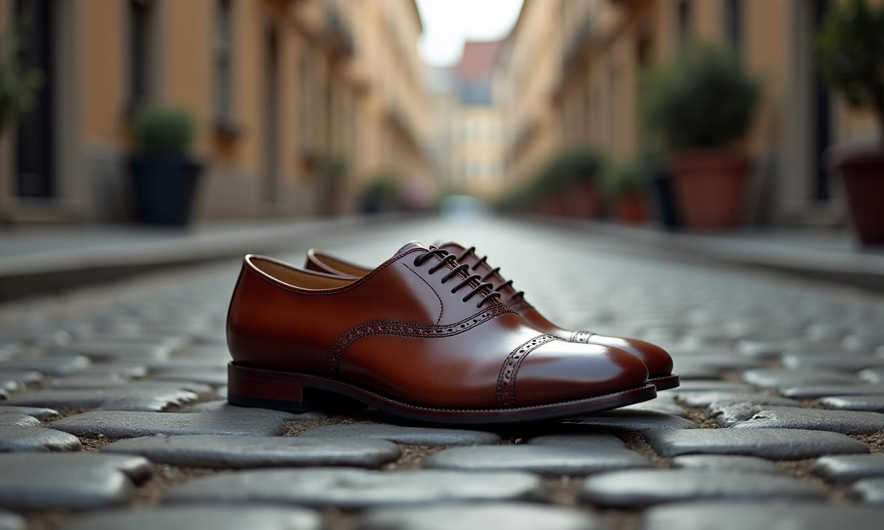 A pair of elegant brown leather oxford shoes resting on a vintage cobblestone street.